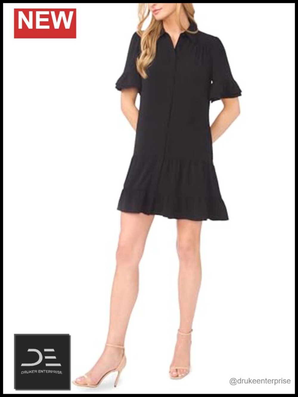 CeCe Double Ruffle Elbow Sleeve Tiered Mini Shirt Dress Button Front